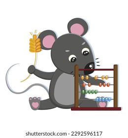 Funny little mouse learning mathematics on abacus. Cute cartoon animal for study English at school. Happy clever mouse child, kid sticker. Pupil character for print. Colorful flat vector illustration