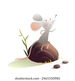 Funny little mouse sitting on a big rock in nature. Cute baby mouse animal character for children story. Rodent illustration for kids fairytale. Vector cartoon, isolated clipart.