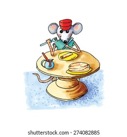 funny little mouse sitting at table and eating pancakes isolated over white background
