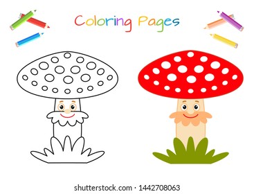 Funny little mushroom. A amanita, grebe. Educational game for children. Cartoon vector illustration