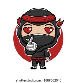 Funny little ninja with love eyes. Vector illustration in a cartoon style. Isolated on white background.