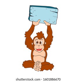 Funny little Orangutan holding a piece of board