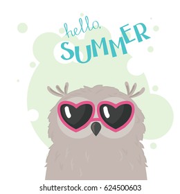 Funny little owl bird in cute pink heart shaped sunglasses, single composition in a light green frame on a white background, with a Hello Summer lettering. Vector illustration.