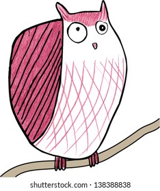funny little owl cartoon sitting on a branch, isolated on white background