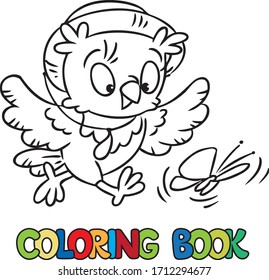 Funny little owl catching butterfly. Coloring book