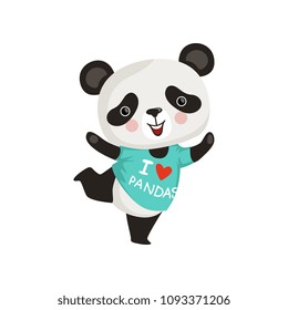 Funny little panda in dancing action. Adorable bamboo bear with pink cheeks in t-shirt. Flat vector design for sticker or postcard