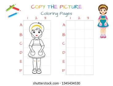 Funny little paper doll, girl. Copy the picture. Coloring book. Educational game for children. Cartoon vector illustration