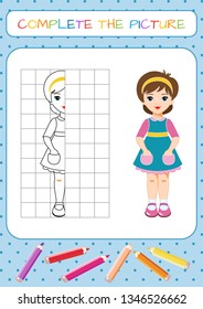 Funny little paper doll, girl. Copy the picture. Coloring book. Educational game for children. Cartoon vector illustration