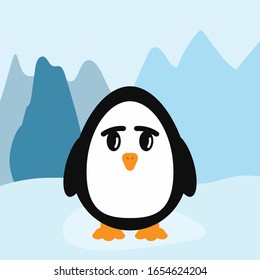 Funny little penguin on background of icy mountains. Flat vector illustration.
