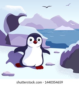 Funny little penguin runs with outstretched wings, among the ice. Cartoon style. Vector illustration.