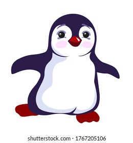 A funny little penguin runs with outstretched wings. Cartoon style. Vector illustration isolated on a white background.