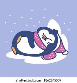 Funny Little Penguin Sleeping Outside Doodle Illustration Premium Vector