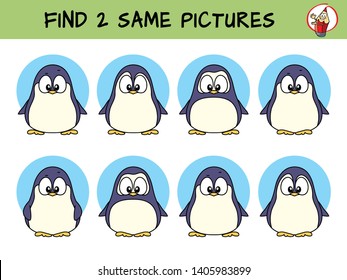 Funny little penguins. Find two same pictures. Educational game for children. Cartoon vector illustration