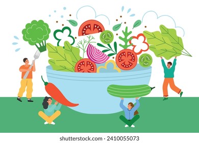 Funny little people with large bowl of salad. Tiny chefs carry big vegetables, healthy diet food, vegetarian products, vector illustration.eps
