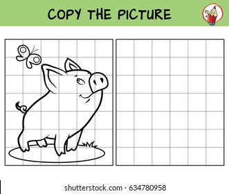 Funny little pig and butterfly. Copy the picture. Coloring book. Educational game for children. Cartoon vector illustration