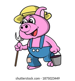 Funny Little Pig Cartoon Character as a Farmer wearing straw hat and carrying hoe and bucket get ready to work with happy face, best for sticker or decoration with agriculture themes for children