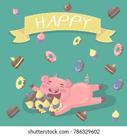 Funny little pig character hugiing a lot of sweets. Happy pig in cartoon style, vector illustration, design element for poster or banner