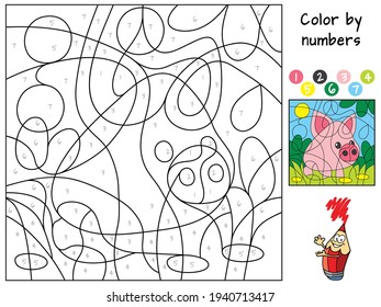 Funny little pig. Coloring book. Educational puzzle game for children. Cartoon vector illustration