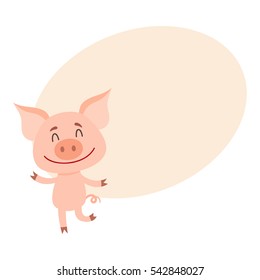 Funny little pig dancing on two rear legs with eyes closed, cartoon vector illustration on background with place for text. Cute little pig dancing and smiling happily, decoration element