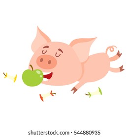 Funny little pig lying and eating apple with three more stumps around, cartoon vector illustration isolated on white background. Cute little pig eating apple, overeating concept