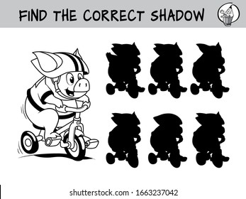 Funny little pig rides a bike. Find the correct shadow. Educational matching game for children. Black and white cartoon vector illustration