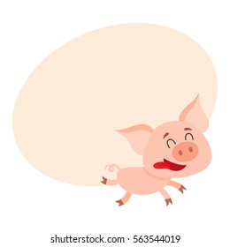 Funny little pig running with tongue out and eyes closed, cartoon vector illustration on background with place for text. Cute little pig running on four legs excitedly, decoration element