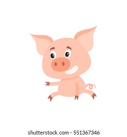 Funny little pig sitting awkwardly and pointing to something, cartoon vector illustration isolated on white background. Cute little pig sitting like a child and poiting to the left, decoration element