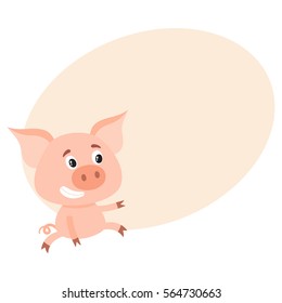 Funny little pig sitting awkwardly and pointing to something, cartoon vector on background with place for text. Cute little pig sitting like a child and poiting to the left, decoration element