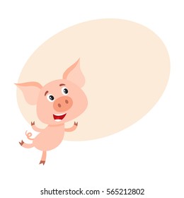 Funny little pig with swirling tail running or jumping on rear legs, cartoon vector illustration on background with place for text. Cute little pig hurrying to something, decoration element