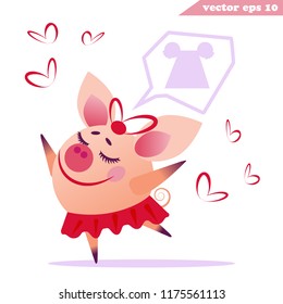 Funny little piggy girl with skirt is dancing and dreaming of a new dress. Isolated vector illustration. Good for web design, poster, cards, stickers, fabric prints.