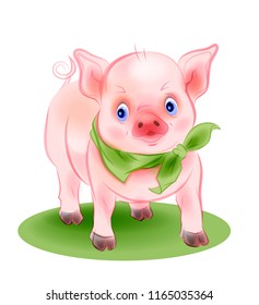 Funny little piggy is the symbol of 2019. Cartoon style.  Illustration for Chinese New Year is the year of the pig.