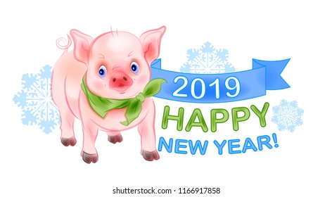 Funny  little piggy is the symbol of 2019. New Year design with pig and snowflakes. Chinese New Year is the year of the pig. Watercolor style.