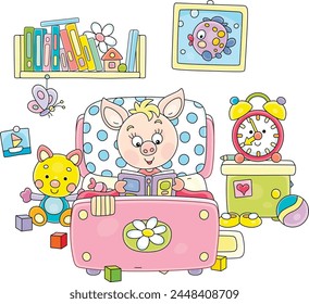 Funny little piglet lying in its small bed and reading an interesting book of fairy tales among funny toys in a nursery room, vector cartoon illustration isolated on a white background