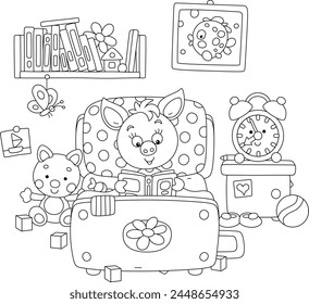 Funny little piglet lying in its small bed and reading an interesting book of fairy tales among funny toys in a nursery room, black and white vector cartoon illustration for a coloring book