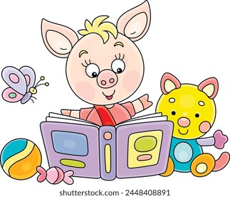 Funny little piglet reading an interesting book of fairy tales among funny toys, vector cartoon illustration isolated on a white background