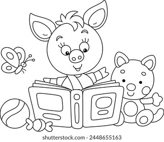 Funny little piglet reading an interesting book of fairy tales among funny toys, black and white vector cartoon illustration for a coloring book