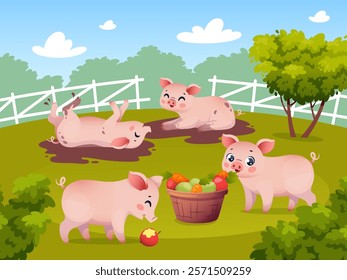 Funny little piglets. Pink pigs frolic in mud, cute farm animals playing in puddle, cartoon mascot childish characters in nature, summer meadow background, domestic mammals, vector concept