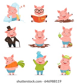 Funny little pigs in different situations set. Colorful cartoon characters vector illustrations