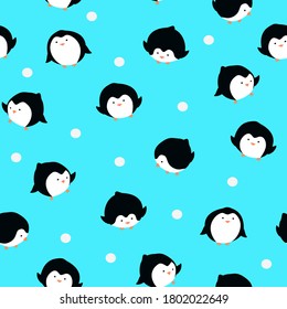 Funny little pinguins on blue dotted background. Cute vector seamless pattern for children's textile, easter cards, wrapping, print, web and fabric design.