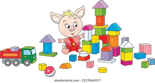 Engraçado pequeno leitão rosa brincando com blocos coloridos e construindo um castelo de brinquedo em uma sala de jogos, ilustração de desenhos animados vetoriais em um fundo branco