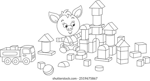 Engraçado pequeno leitão rosa brincando com blocos e construindo um castelo de brinquedo em uma sala de jogos, preto e branco esboço de desenho animado vetor ilustração para um livro de colorir