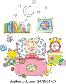 Funny little pink piglet sleeping in its pretty small bed among toys and fairy tale books in a nursery room on a moonlit night, vector cartoon illustration isolated on a white background