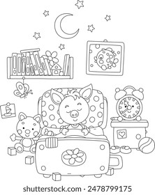 Funny little pink piglet sleeping in its pretty small bed among toys and fairy tale books in a nursery room on a moonlit night, black and white outline vector cartoon illustration for a coloring book