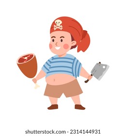 Funny little pirate child with meat bone and big knife, cartoon flat vector illustration isolated on white background. Cute boy in pirate costume with headband or bandana. Kids birthday party.
