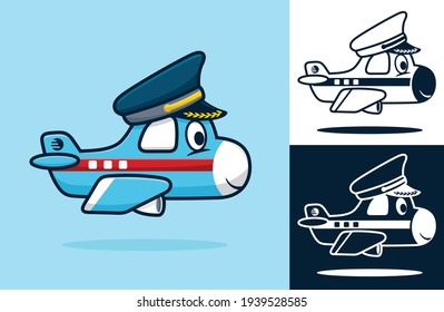 Funny little plane wearing pilot hat. Vector cartoon illustration in flat icon style