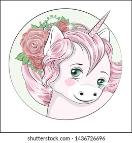 funny little  pony unicorn with long hair, and with flower in the hair