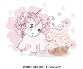 funny little  pony unicorn with long hair, and cupcake