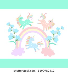 Funny little pony unicorns playing among the rainbow and clouds, from which grow blue bell flowers isolated on  white background in vector. Print for T-shirt. Magic pattern for children.