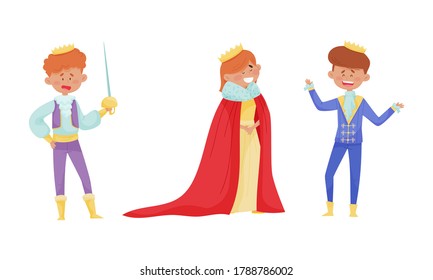 Funny Little Prince and Princess Wearing Crown and Dressy Look Garments Vector Illustrations Set