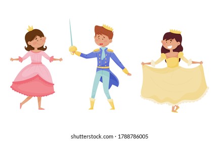 Funny Little Prince and Princess Wearing Crown and Dressy Look Garments Vector Illustrations Set